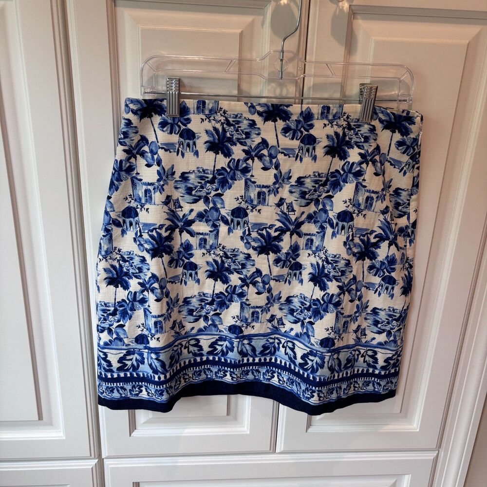 NWT LOFT Blue White Mediterranean Print‎ Linen Blend Mini Skirt Size 6